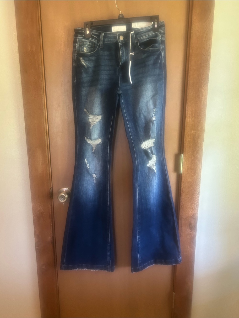 Distressed Dark Blue Flare Jeans - Women's Wide Leg